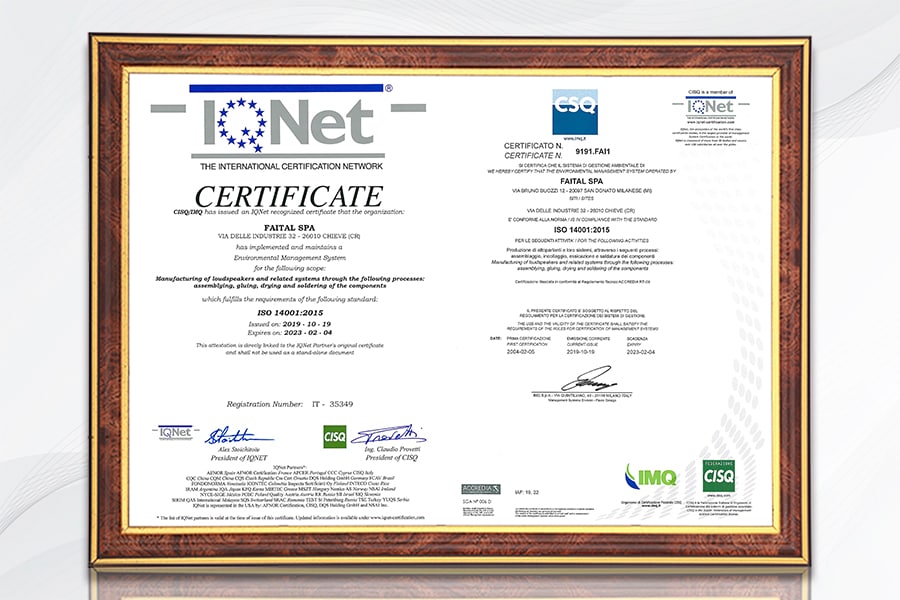 Giấy chứng nhận sản phẩm linh kiện FaitalPro (Ý) theo tiêu chuẩn quốc tế IQNet